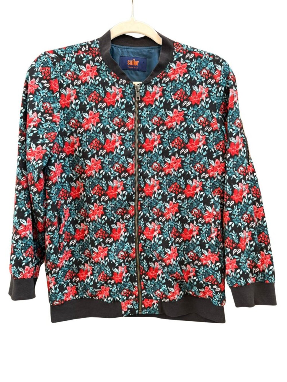 Sailor Floral Bomber Jacket Womens M Jeweled Sleeve Zip Teal Red Black